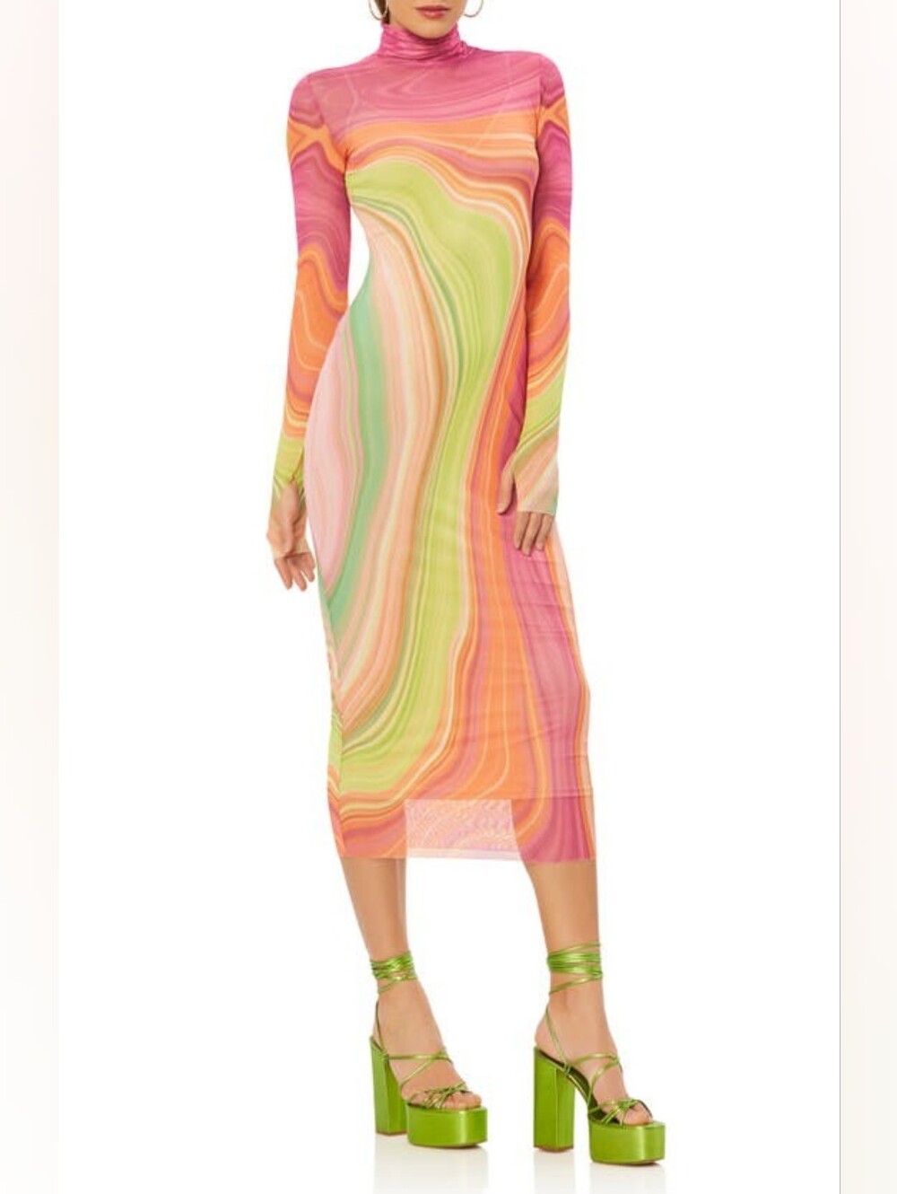 AFRM Shailene Long Sleeve Mesh Dress In Abstract Spring Wave Size Medium
